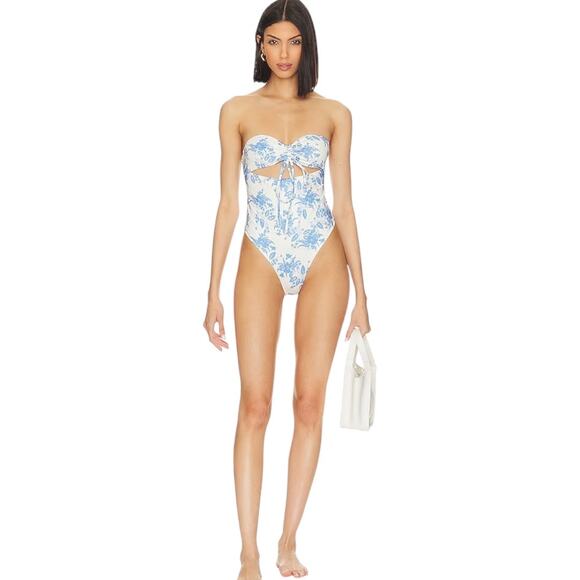 LoveShackFancy Baylor One Piece Swimsuit Medium Blue White Floral Bandeau - Picture 9 of 9